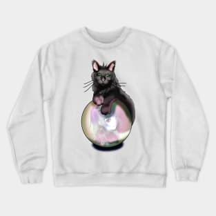 Black witch cat with a pink glow crystal ball Crewneck Sweatshirt